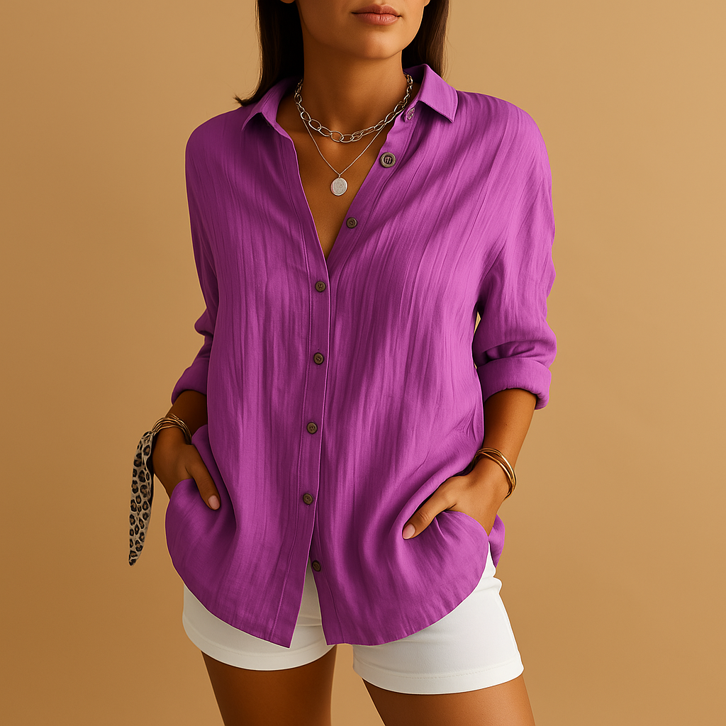 Long Sleeve Button-Down Blouse With Front Pockets