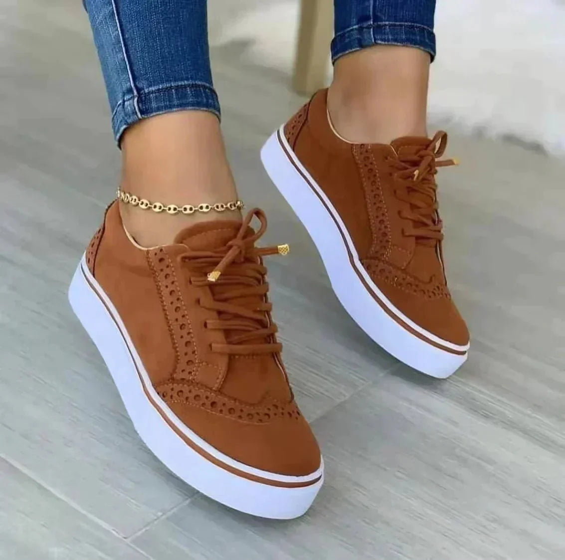 Platform Lace-Up Walking Sneakers With Perforated Detail