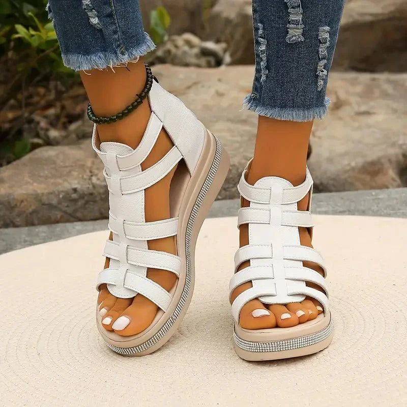 Embellished Gladiator Platform Wedge Sandals With Back Zip