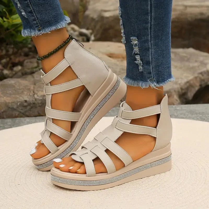 Embellished Gladiator Platform Wedge Sandals With Back Zip