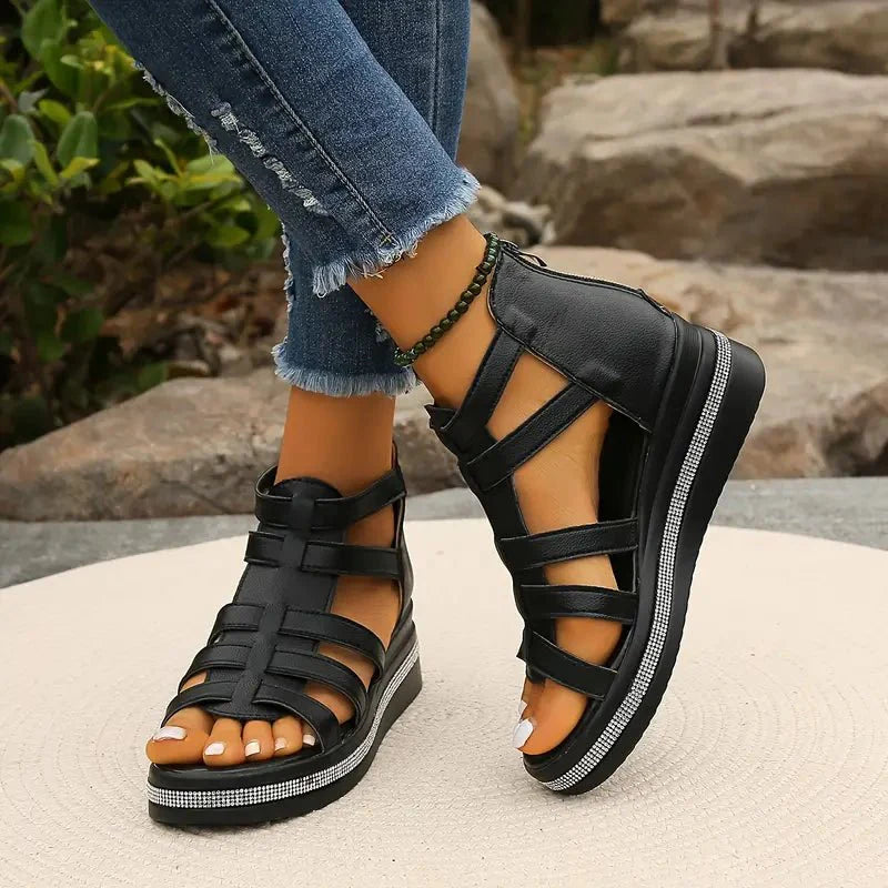 Embellished Gladiator Platform Wedge Sandals With Back Zip
