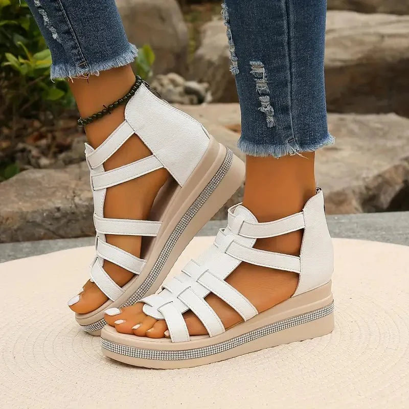 Embellished Gladiator Platform Wedge Sandals With Back Zip
