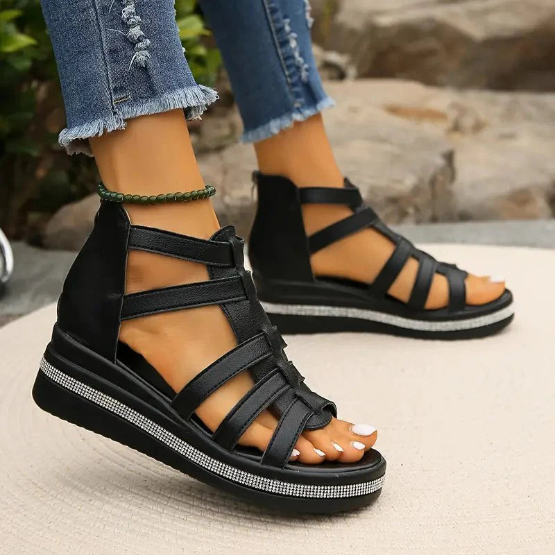 Embellished Gladiator Platform Wedge Sandals With Back Zip