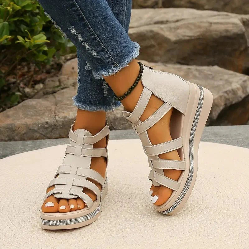 Embellished Gladiator Platform Wedge Sandals With Back Zip