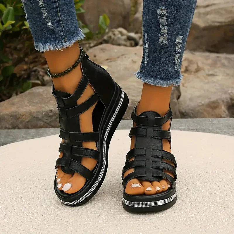 Embellished Gladiator Platform Wedge Sandals With Back Zip