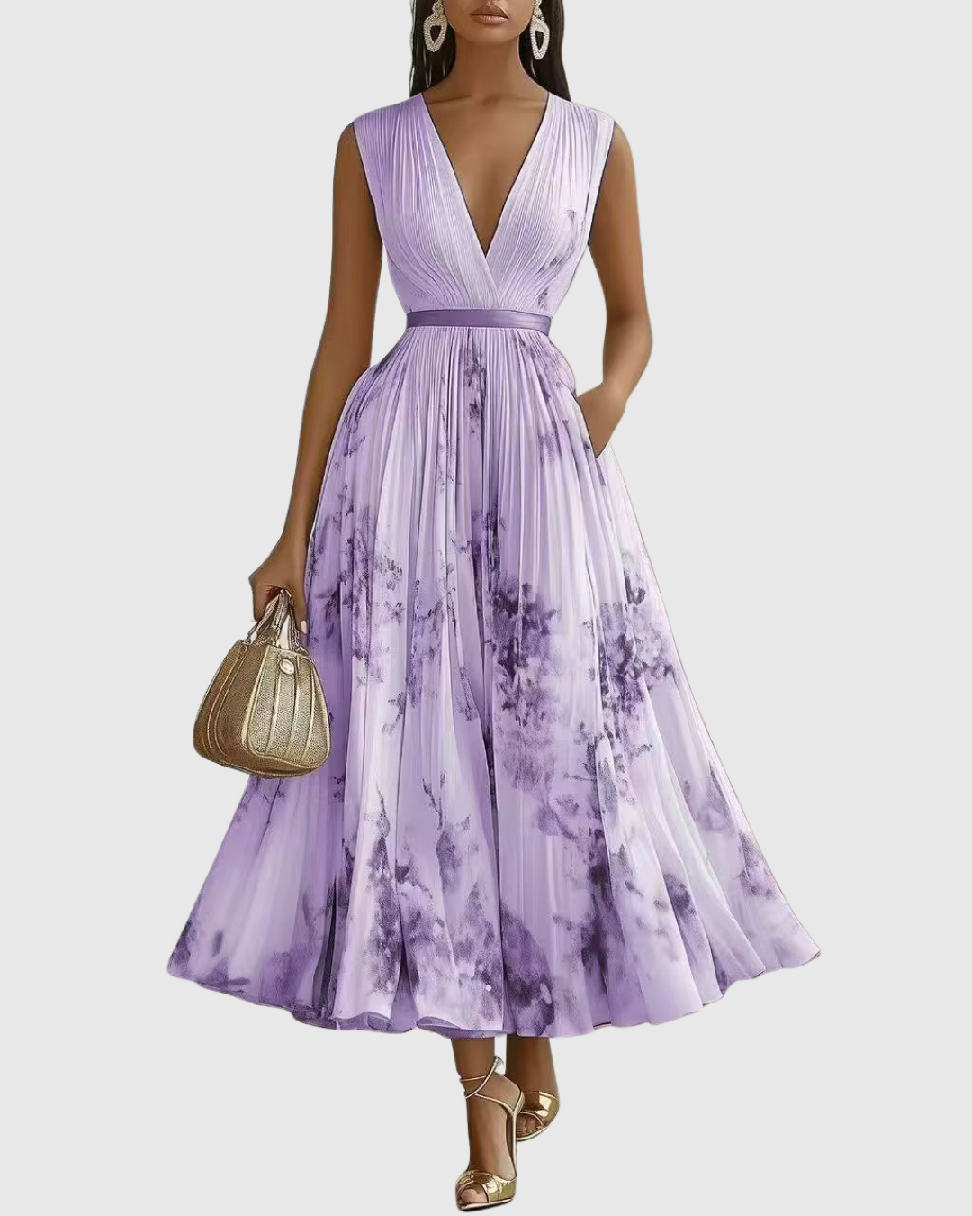 Sleeveless Floral Pleated Midi Dress
