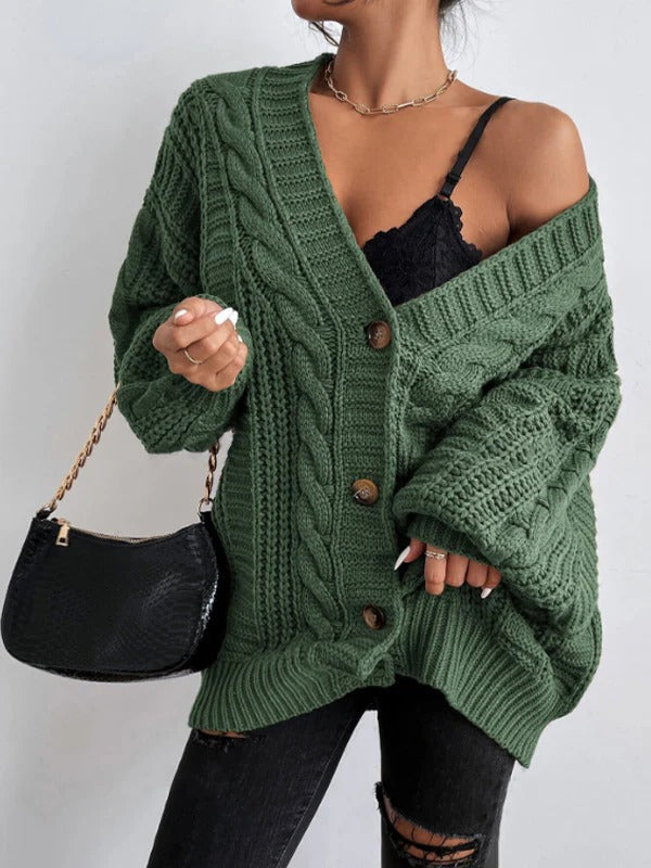 Cable Knit Balloon Sleeve Button-Front Cardigan