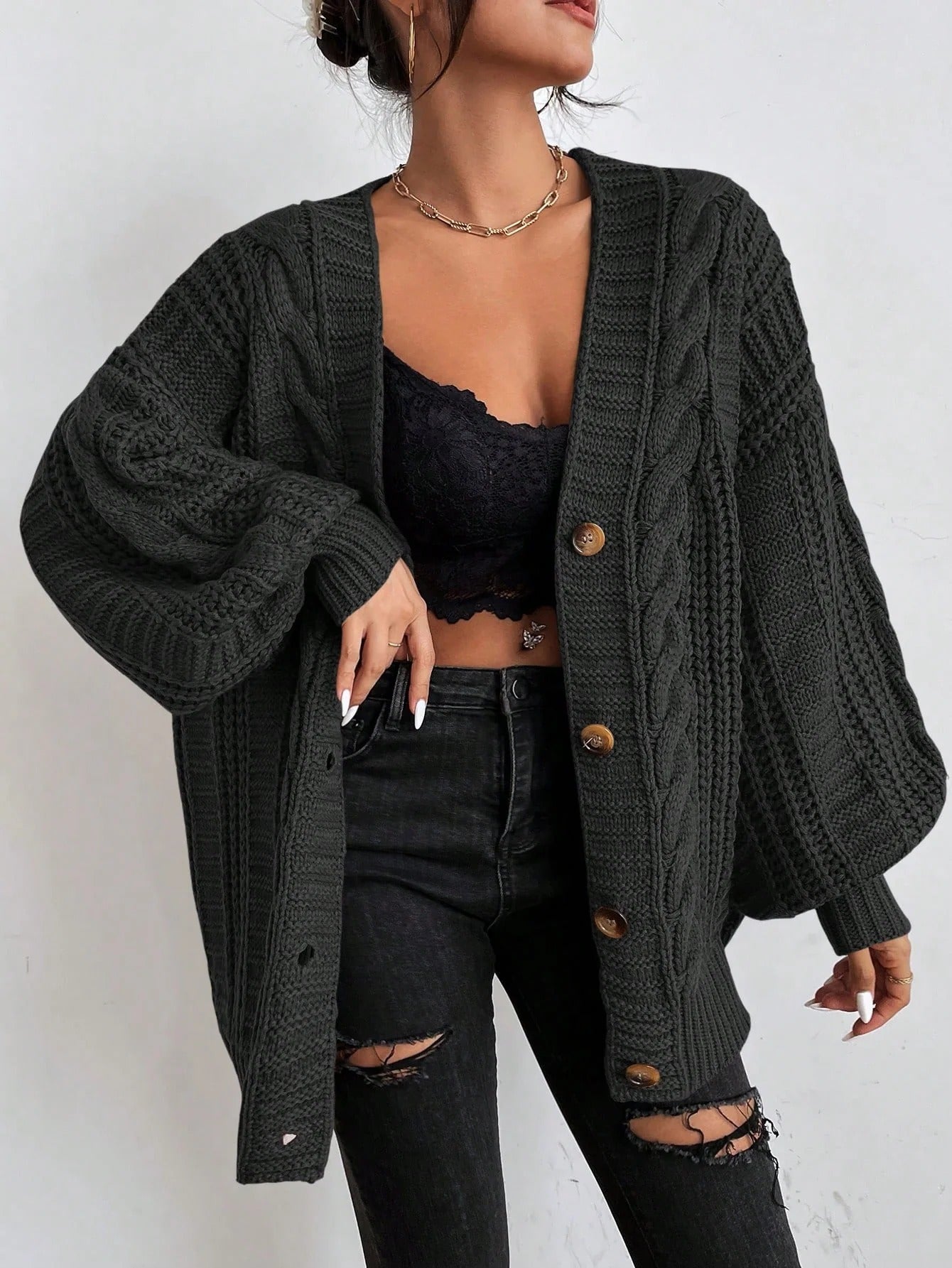 Cable Knit Balloon Sleeve Button-Front Cardigan