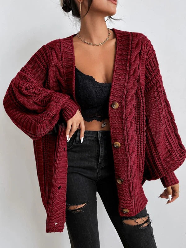 Cable Knit Balloon Sleeve Button-Front Cardigan