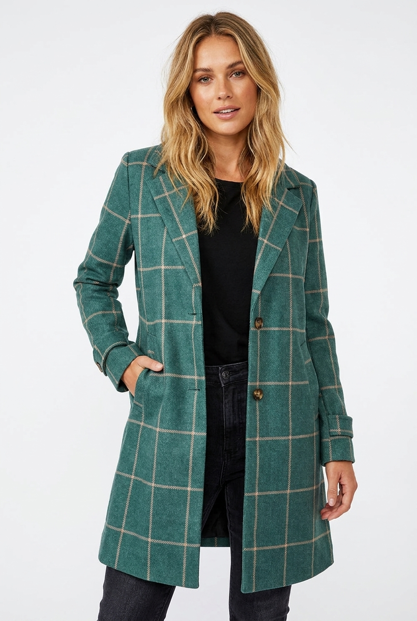 Windowpane Check Single-Breasted Trench Coat