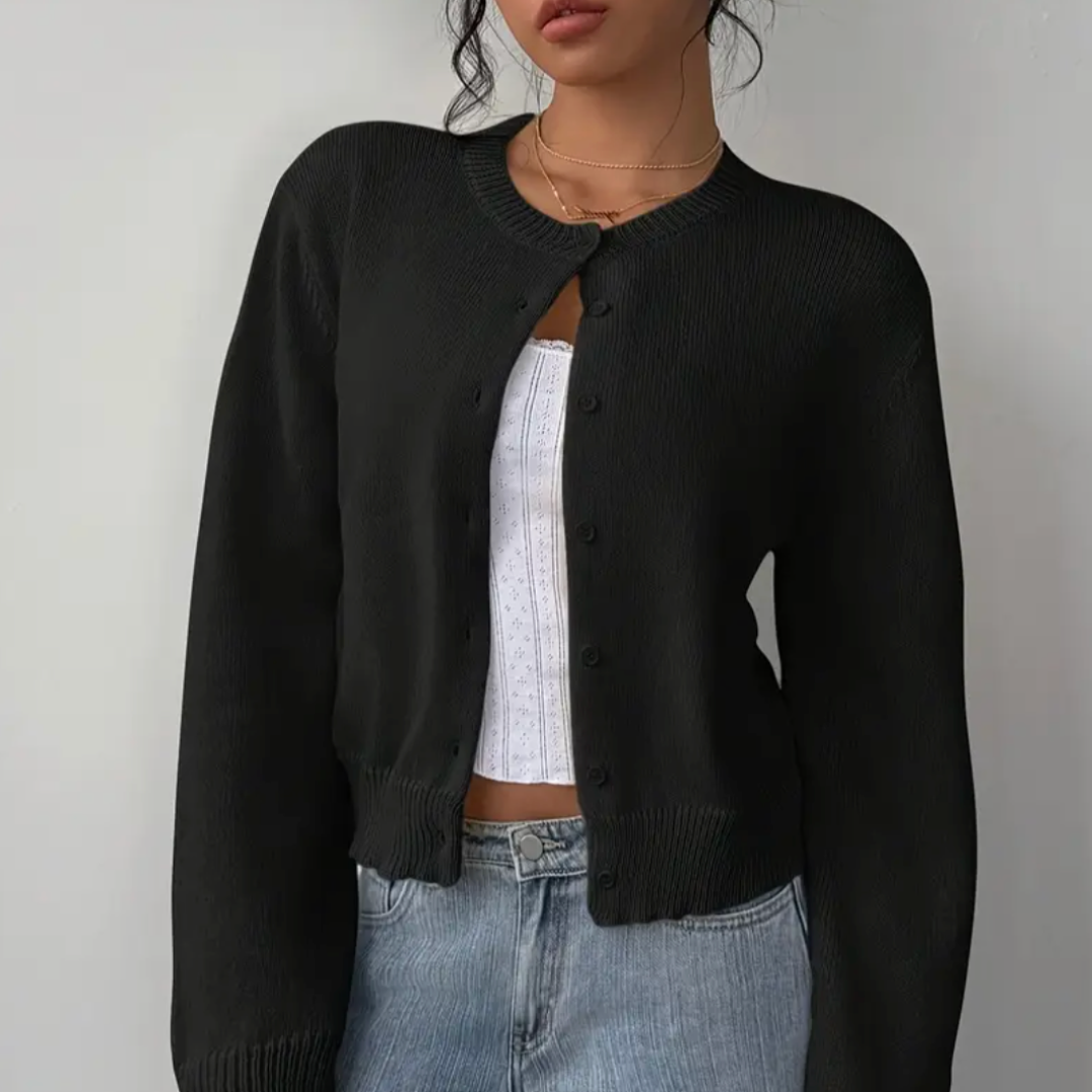 Cropped Ribbed Trim Button-Up Cardigan