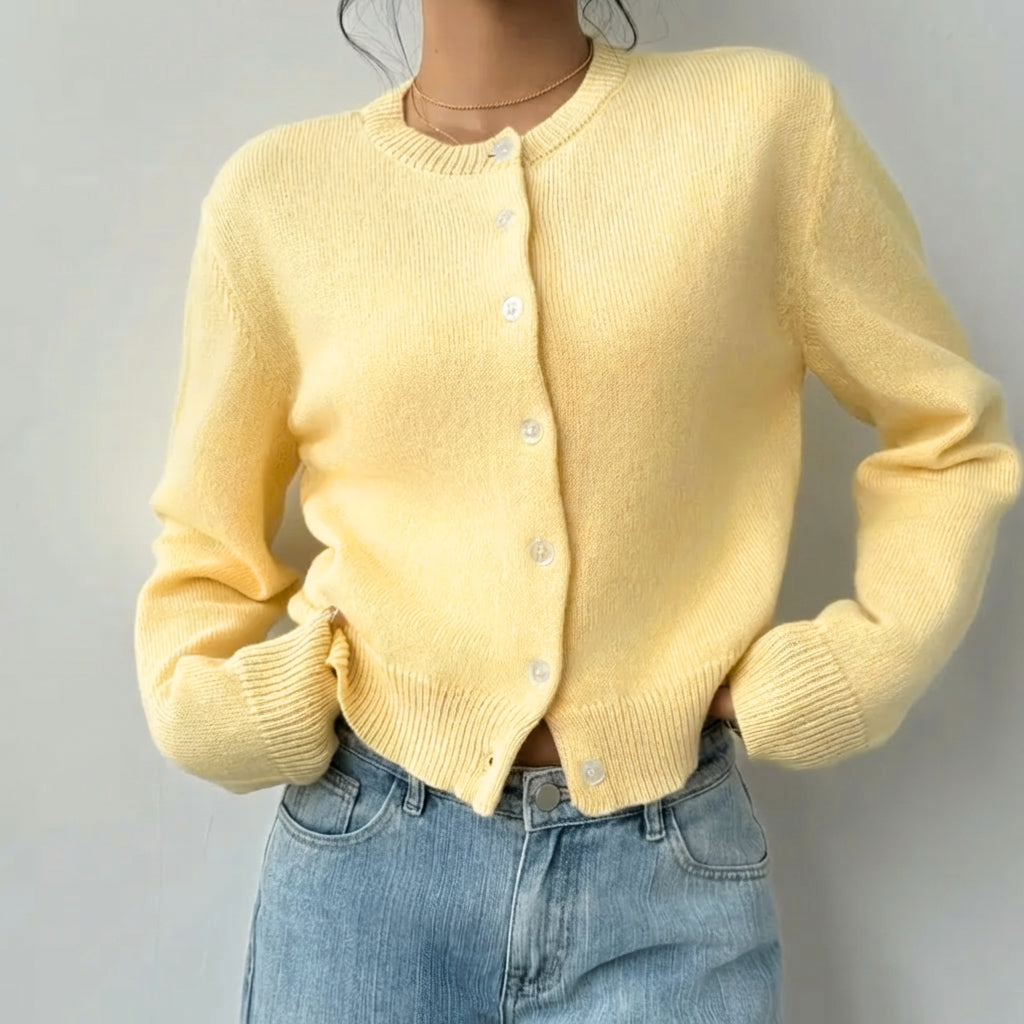 Cropped Ribbed Trim Button-Up Cardigan