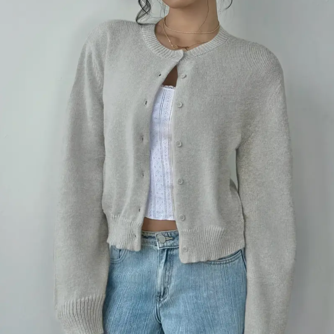Cropped Ribbed Trim Button-Up Cardigan