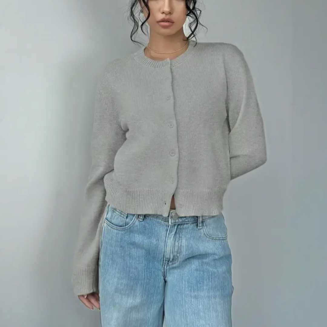 Cropped Ribbed Trim Button-Up Cardigan