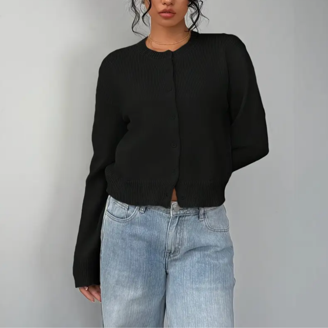 Cropped Ribbed Trim Button-Up Cardigan