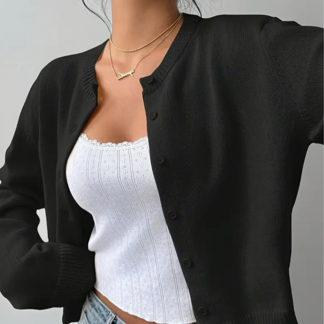 Cropped Ribbed Trim Button-Up Cardigan