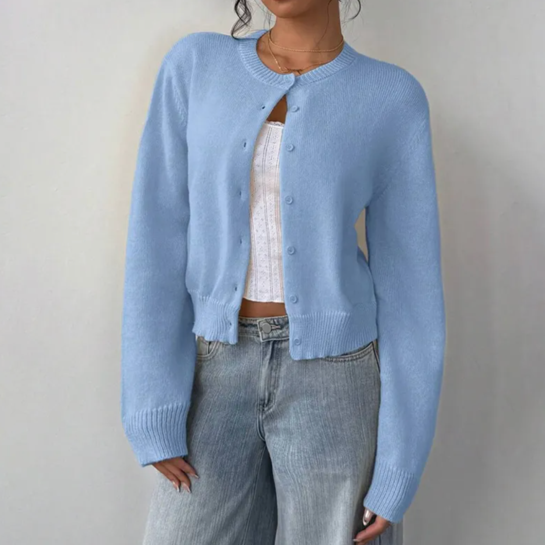 Cropped Ribbed Trim Button-Up Cardigan