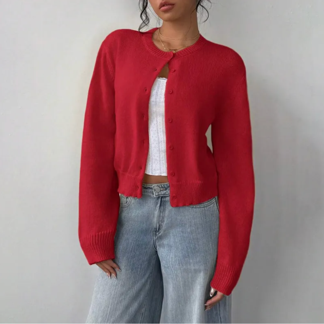 Cropped Ribbed Trim Button-Up Cardigan