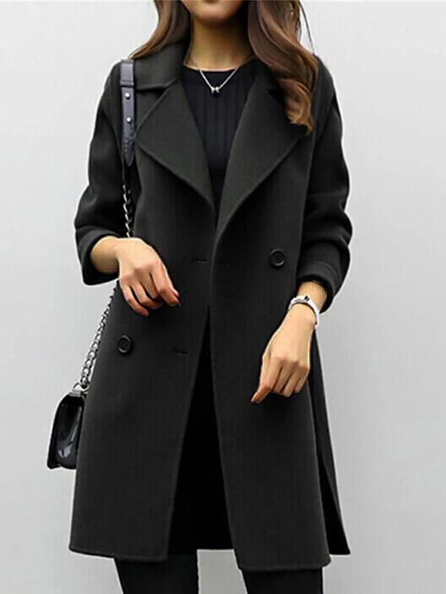 Double-Breasted Long Trench Coat with Wide Lapel