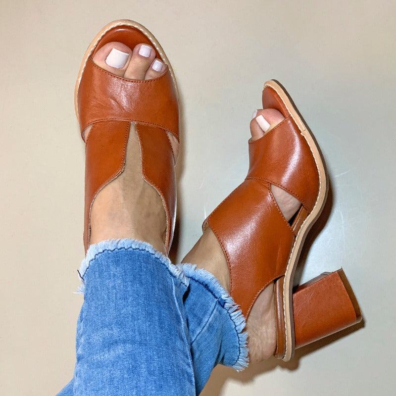 Genuine Leather Block Heel Comfort Sandals