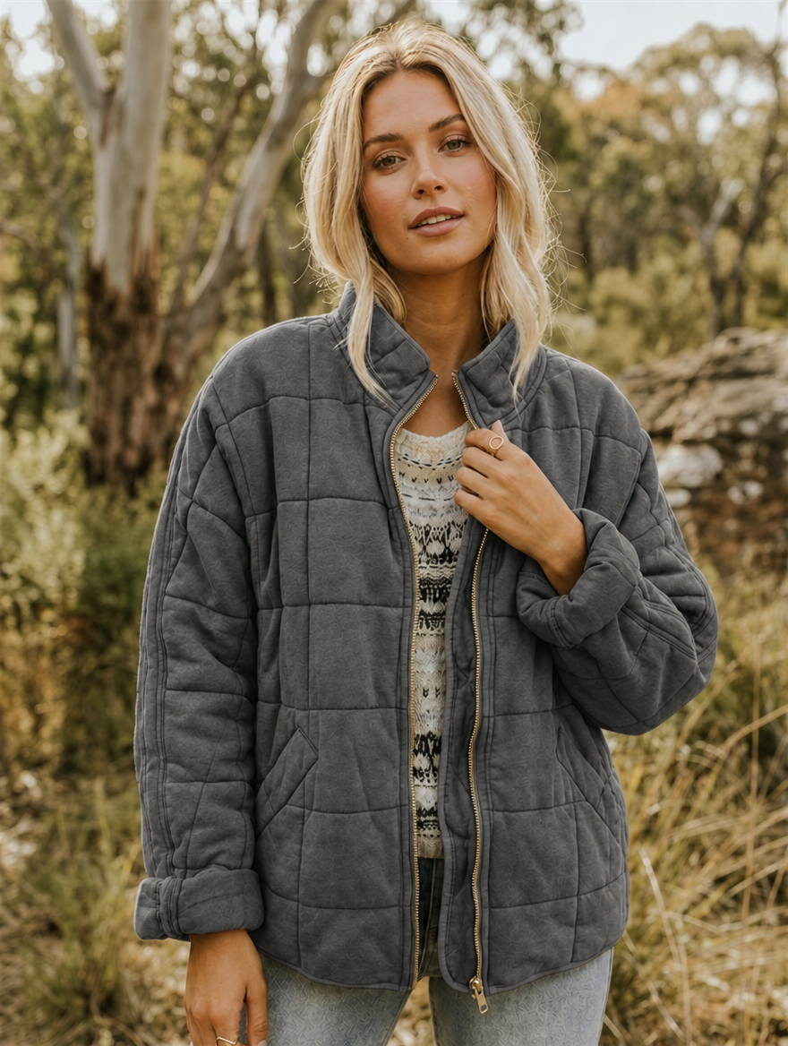 Diamond Quilted Zip Front Jacket