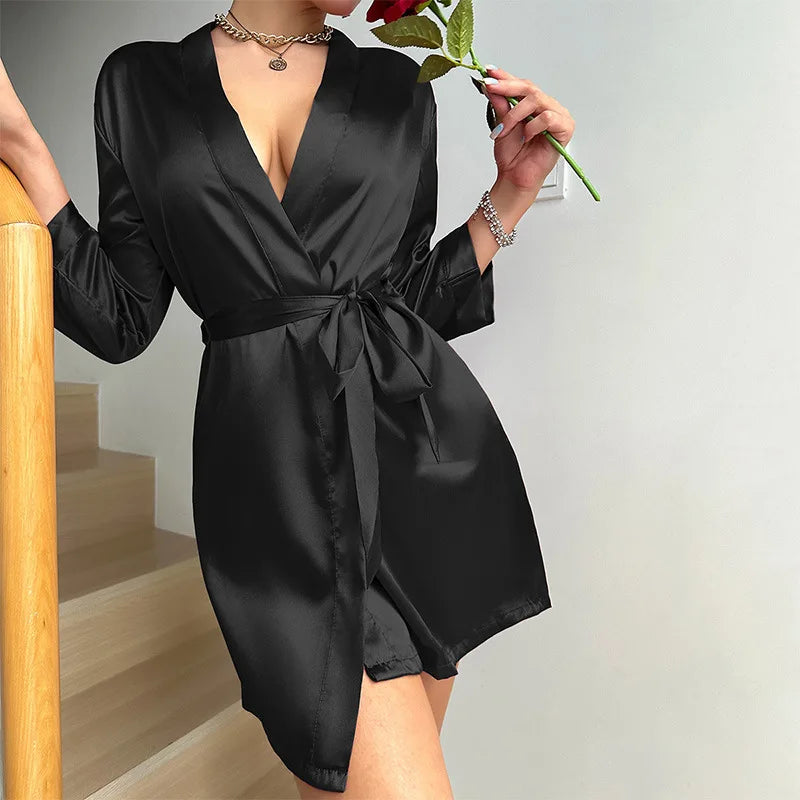V-Neck Wrap Tie Belted Mini Kimono
