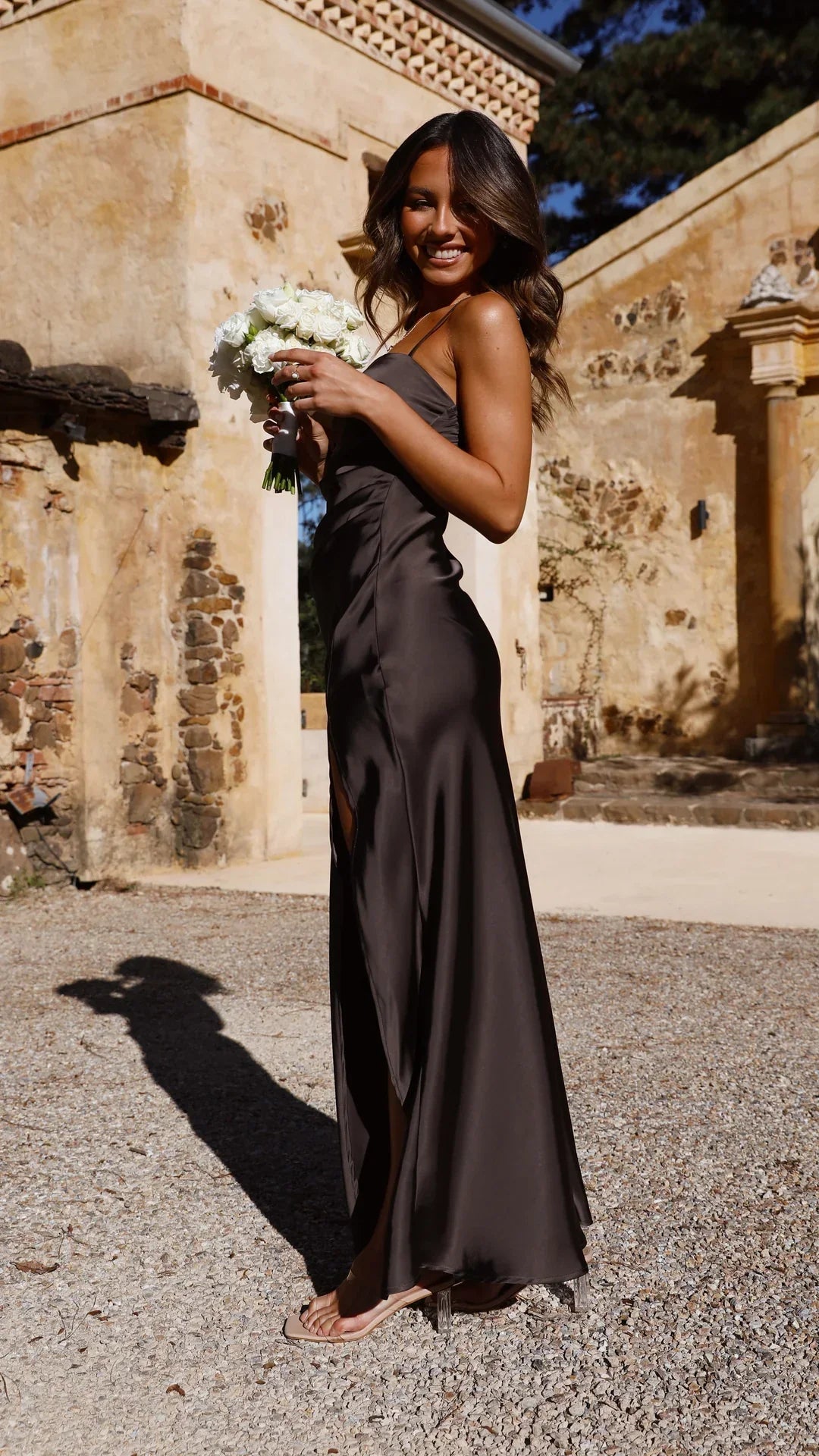 Satin Slip Dress With Straight Neckline And Side Split